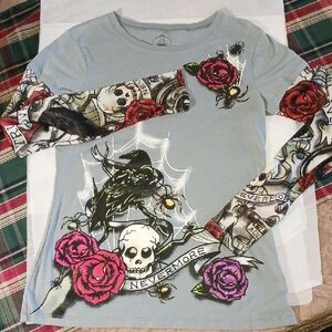 Gray Long Sleeve Kids Tee with Skull and Rose Design